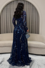 Sequined Long Sleeve A-Line Evening Gown