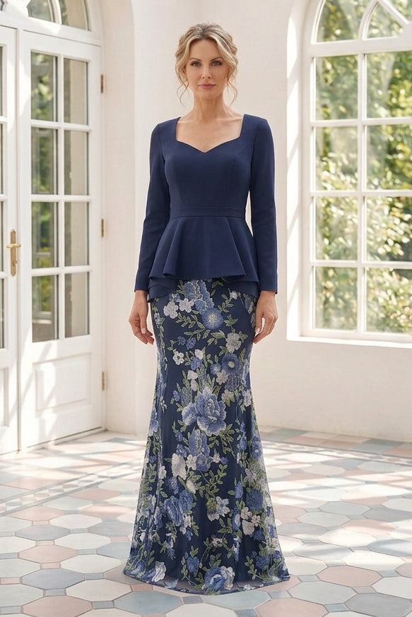 Peplum Long Sleeve Embroidered Maxi Dress