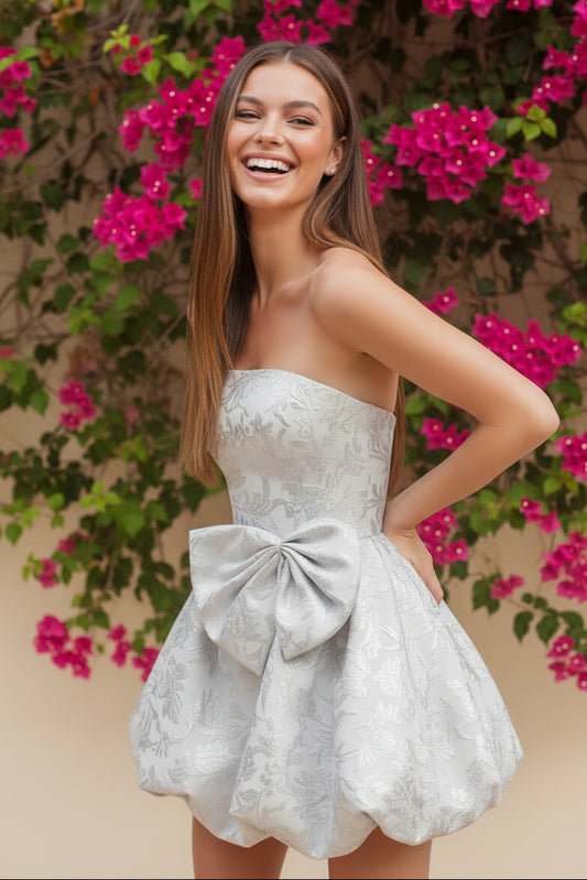 Strapless Floral Jacquard Mini Dress with Bubble Skirt