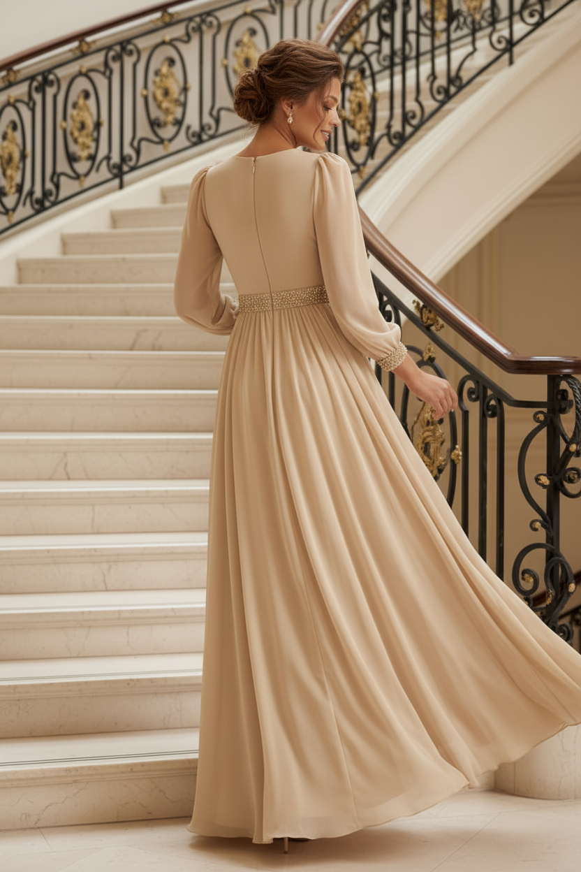 Beaded Deep V-Neck Pleated Chiffon Maxi Dress