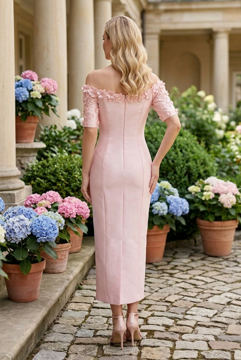 Off-the-Shoulder 3D Floral Column Dress