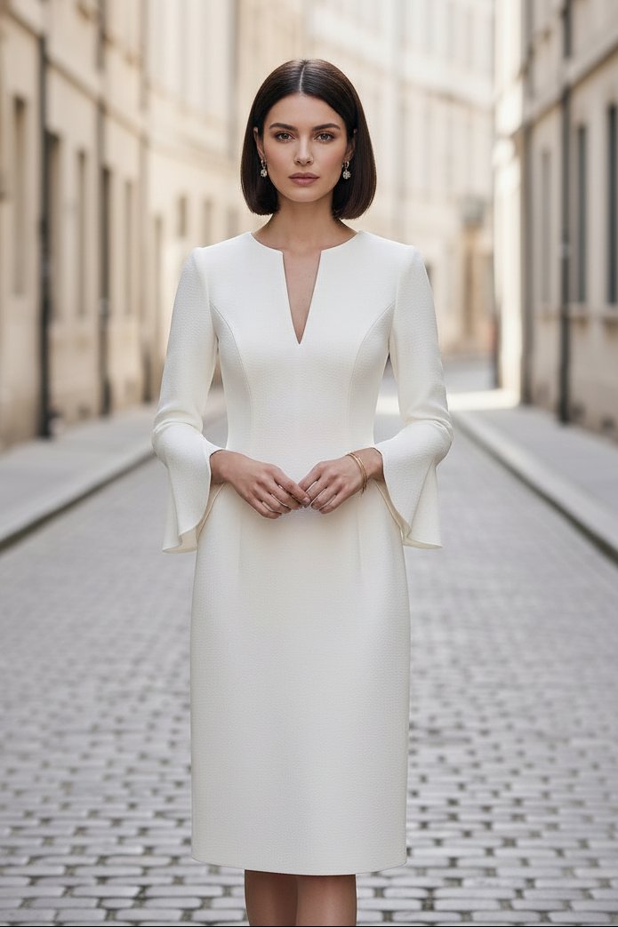 Notch Neck Bell Sleeve Midi Sheath Dress