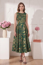Floral Brocade Pleated Midi Dress