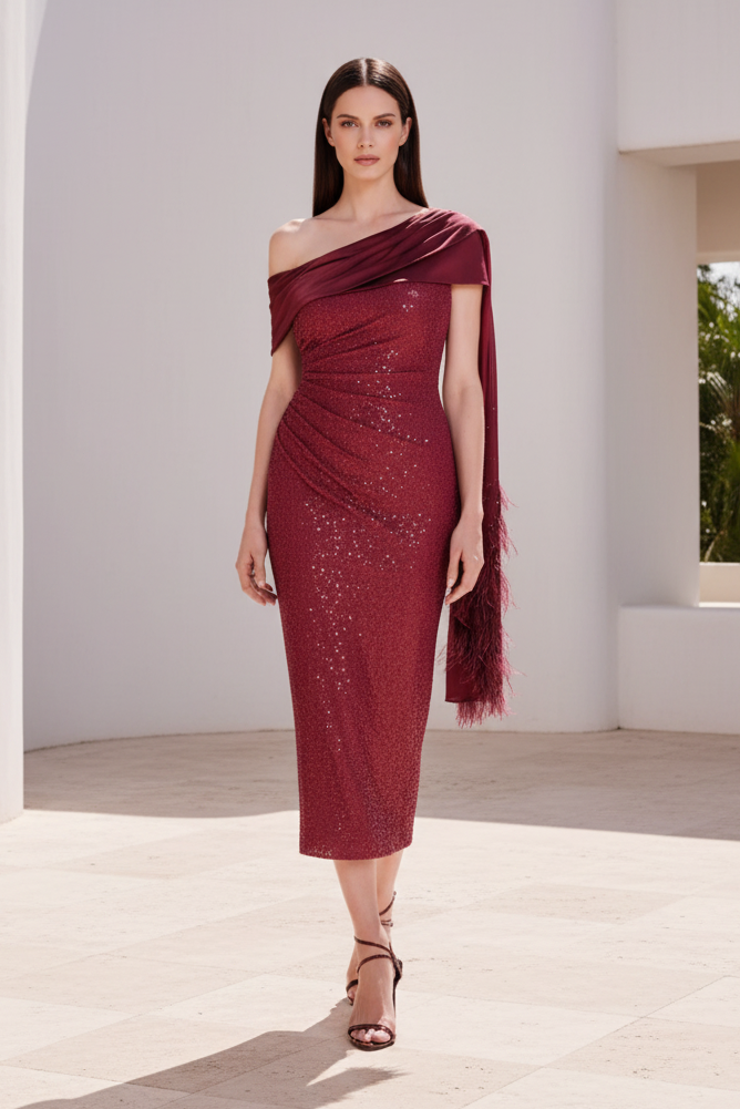 One Shoulder Sequin Midi Dress with Feather Drape