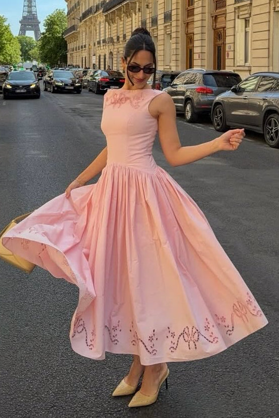 Embroidered A-Line Midi Dress with Pleated Skirt