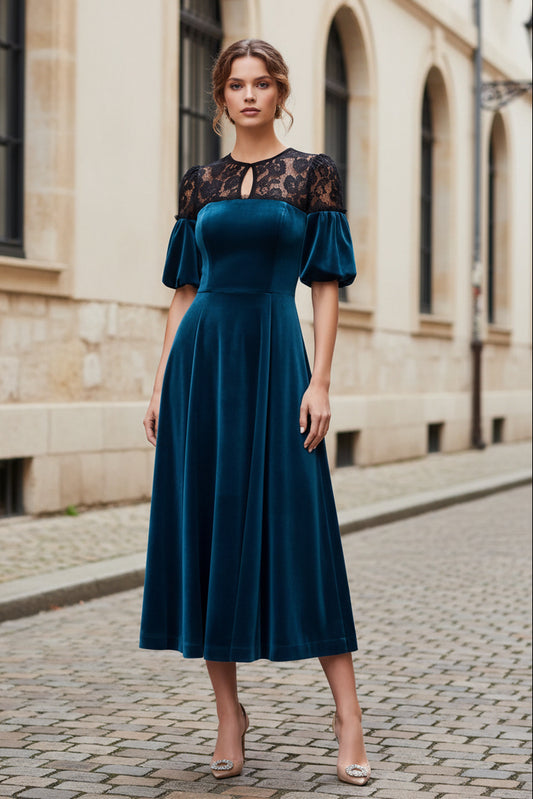 Lace Yoke Velvet Midi Dress with Puff Sleeves