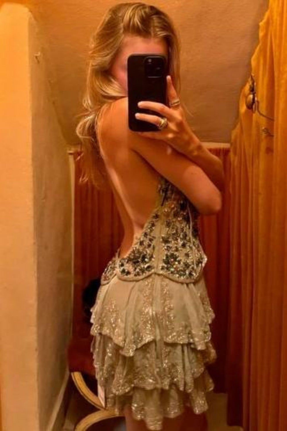 Embellished V-Neck Tiered Ruffle Mini Dress