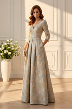 Jacquard Floral A-Line Gown with 3/4 Sleeves