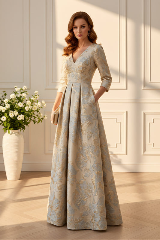 Jacquard Floral A-Line Gown with 3/4 Sleeves