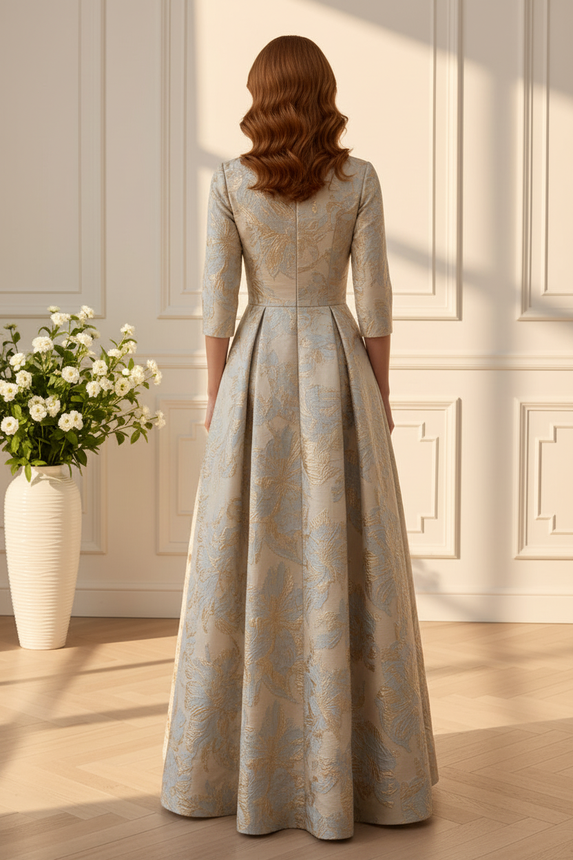 Jacquard Floral A-Line Gown with 3/4 Sleeves