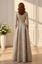 Jacquard Floral A-Line Gown with 3/4 Sleeves