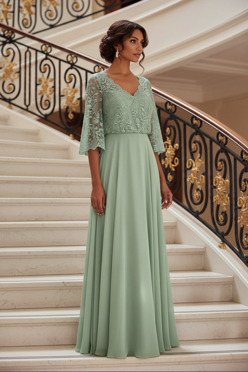 Lace Bodice Maxi Evening Dress with Bell Sleeves