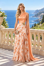 One-Shoulder Floral Evening Gown with Shoulder Drape