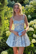 Floral Jacquard A-Line Mini Dress with Crystal Straps