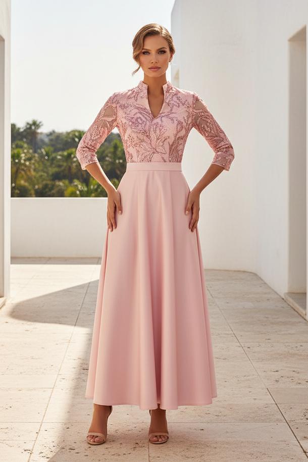 Sequined Bodice A-Line Dress with 3/4 Sleeves