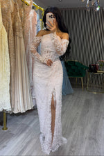 Off-the-Shoulder Lace Evening Gown with Slit