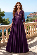 Lace Bodice Pleated Satin A-Line Evening Gown