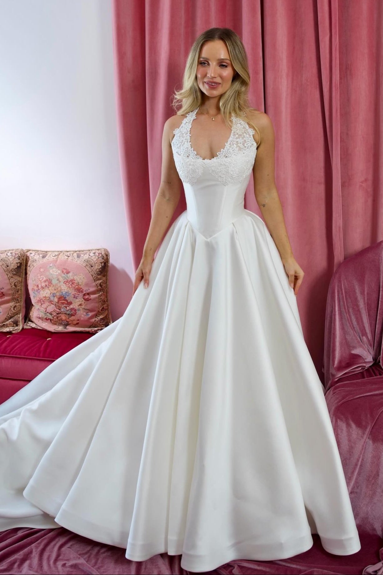 Lace Halter Basq-Waist Satin Ball Gown