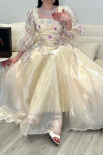 Floral Applique Puff Sleeve A-Line Gown