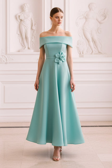 Off-The-Shoulder Tea Length Dress with 3D Flower