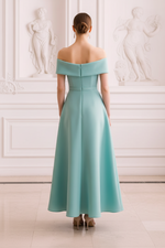 Off-The-Shoulder Tea Length Dress with 3D Flower