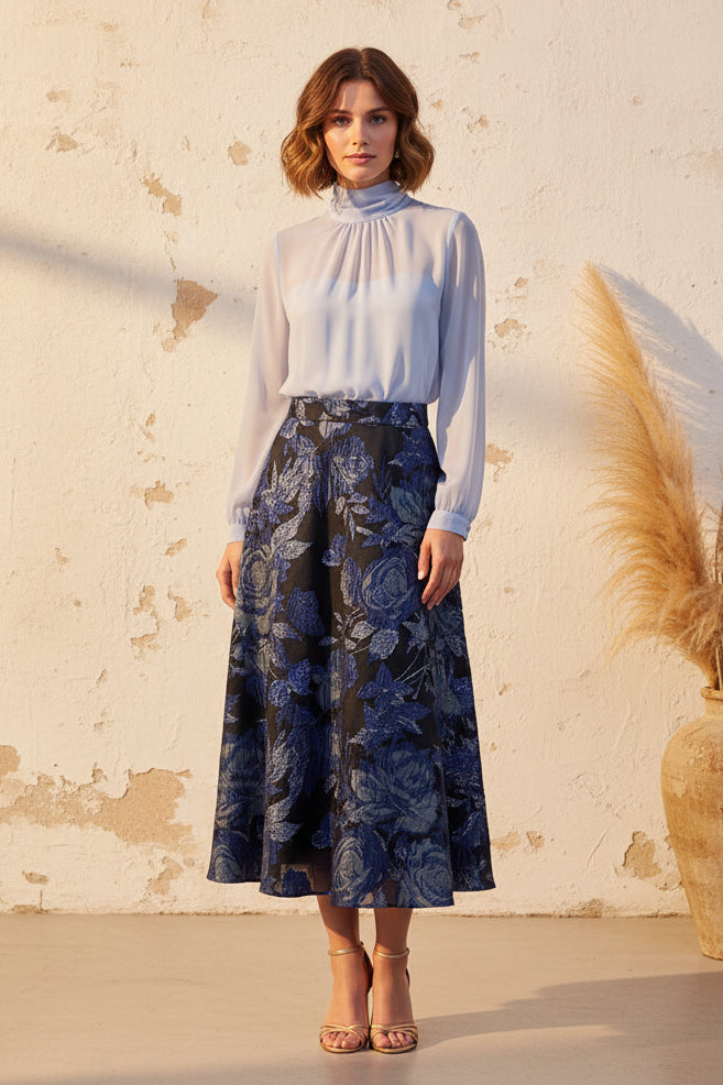 High-Neck Chiffon Blouse and Jacquard Midi Skirt Set