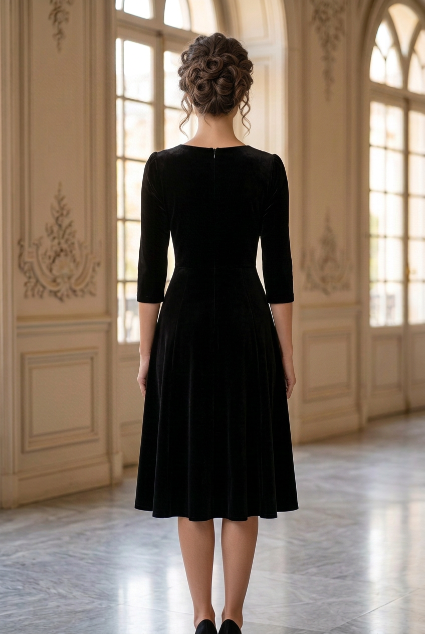 Lace Yoke Velvet Midi Dress with Flounce Hem