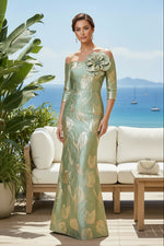 Off-the-Shoulder Brocade Gown with 3D Flower