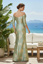 Off-the-Shoulder Brocade Gown with 3D Flower