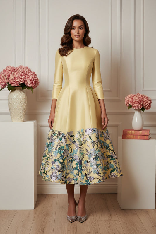 3/4 Sleeve Floral Sequin Satin Tea-Length Party Dress