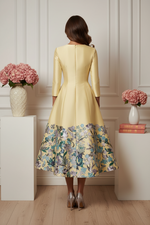 3/4 Sleeve Floral Sequin Satin Tea-Length Party Dress