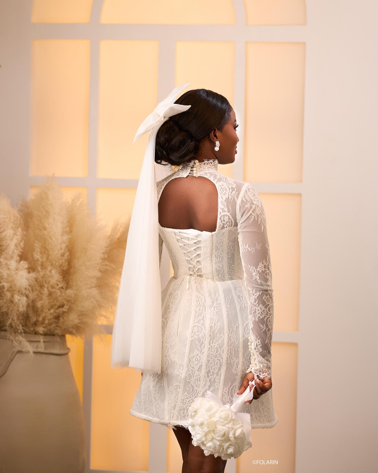 High-Neck Lace Mini Wedding Dress with Corset Back