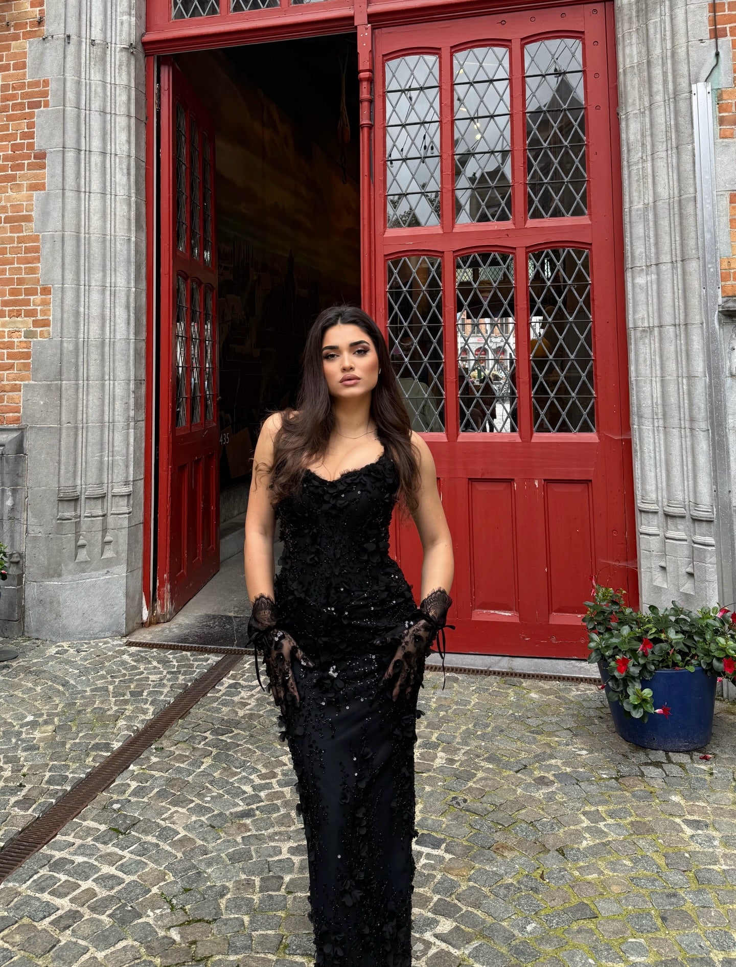 Halter Lace Applique Sequin Evening Gown