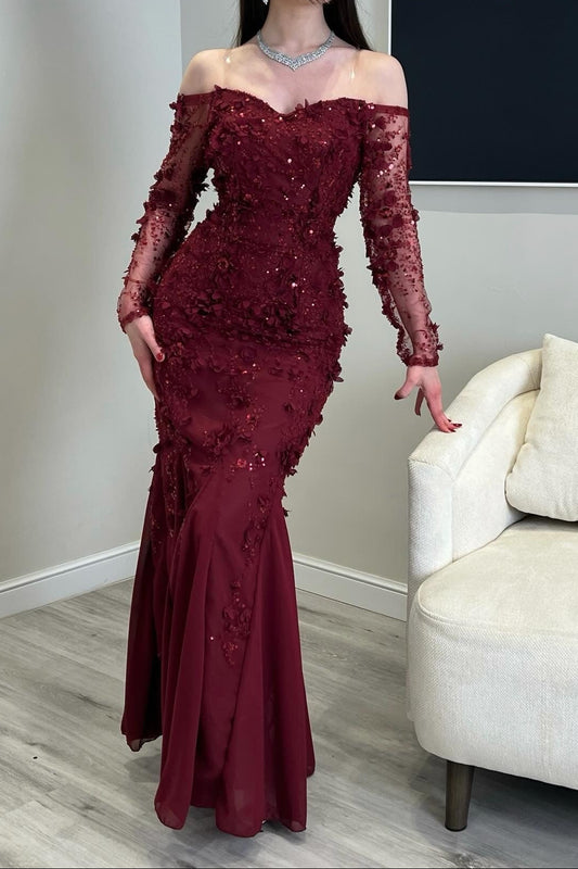 Off-Shoulder Mermaid Gown with 3D Floral Appliques