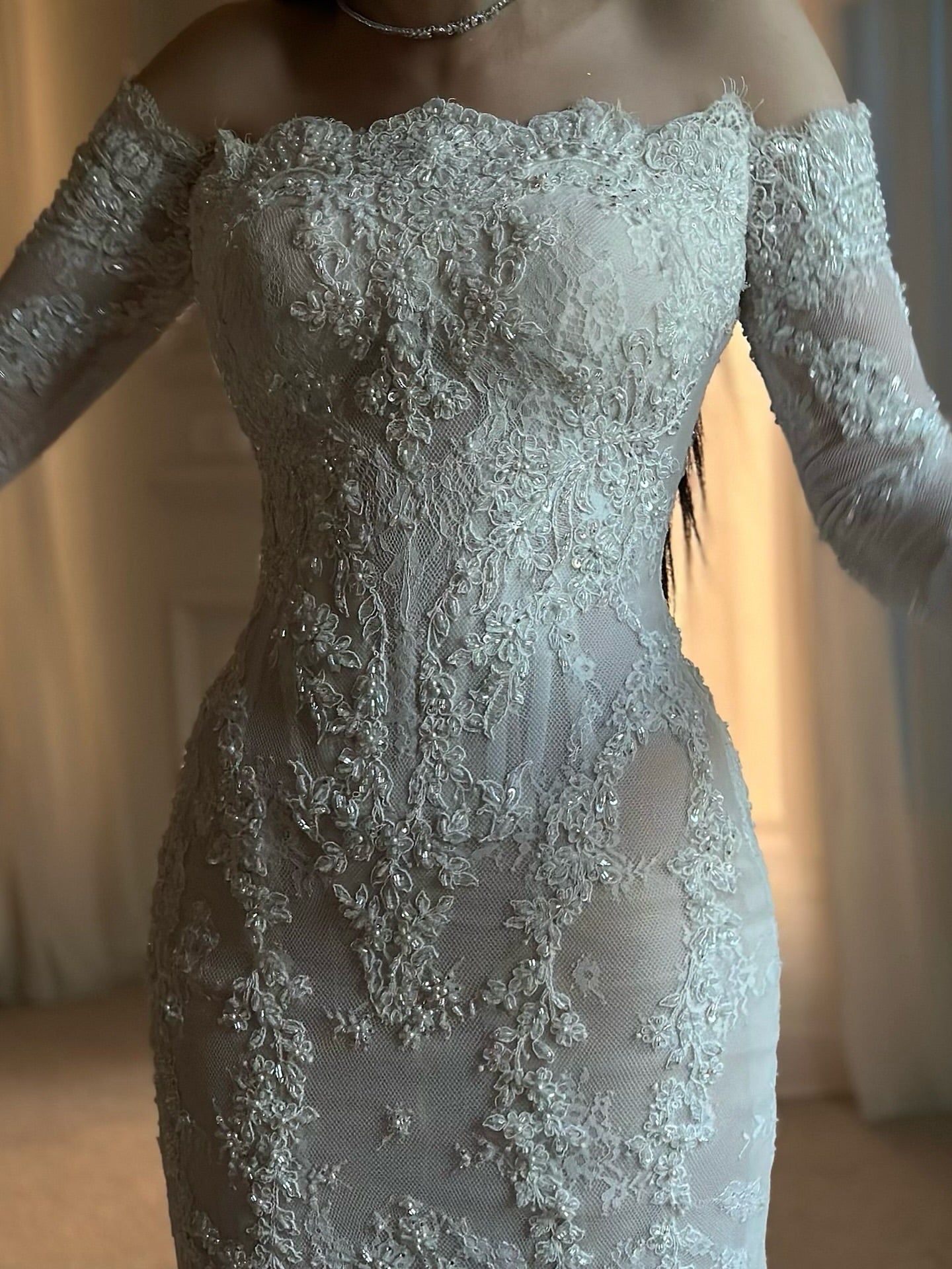 Off-Shoulder Lace Mermaid Wedding Dress with Overskirt