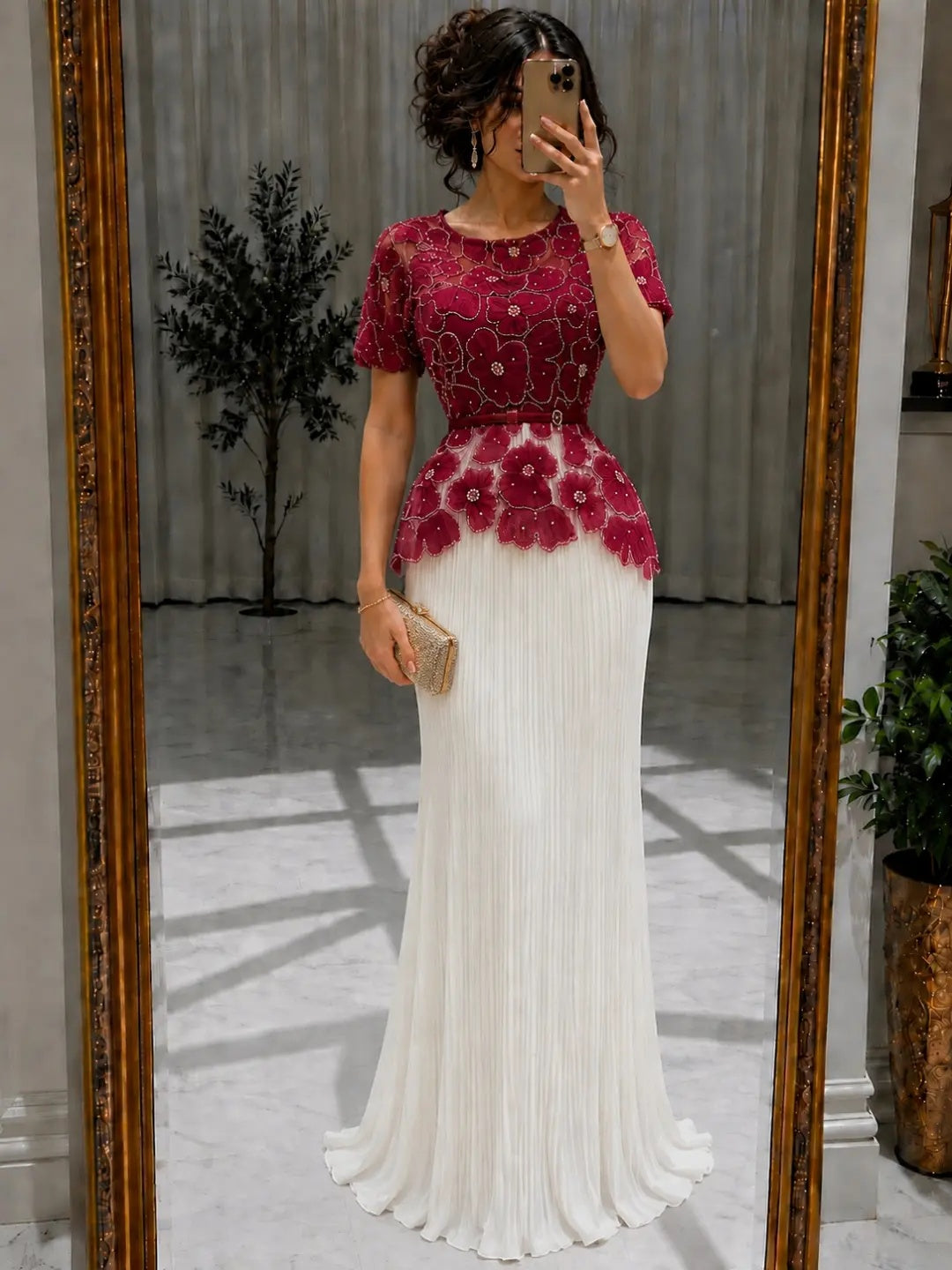 Pleated Mermaid Evening Gown with 3D Floral Lace