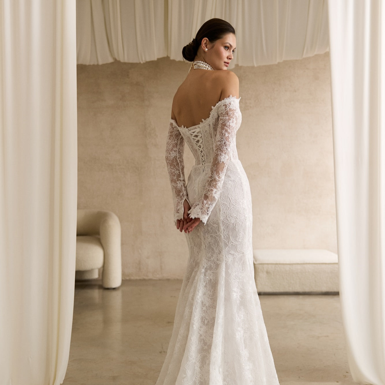 Off-the-Shoulder Lace Mermaid Dress with Overskirt