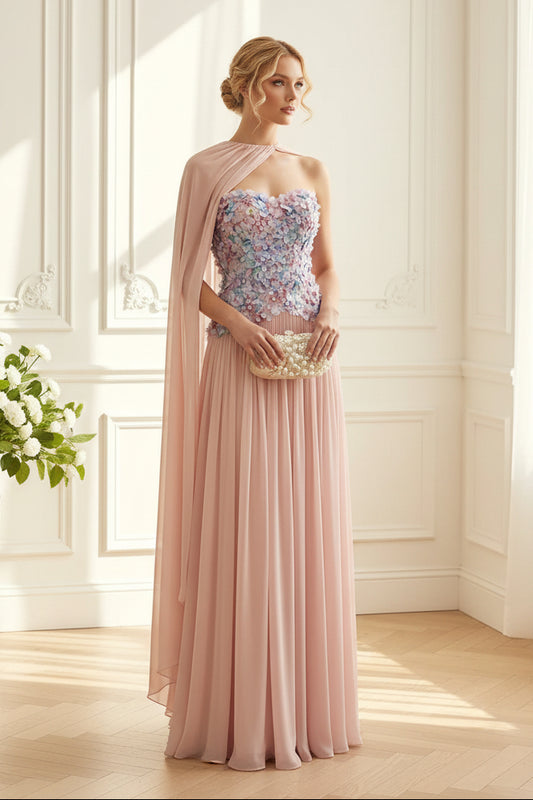 Pleated Chiffon Cape Gown with 3D Flowers