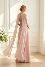Pleated Chiffon Cape Gown with 3D Flowers
