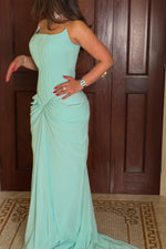 Pleated Square Neck Evening Gown with Side Draping