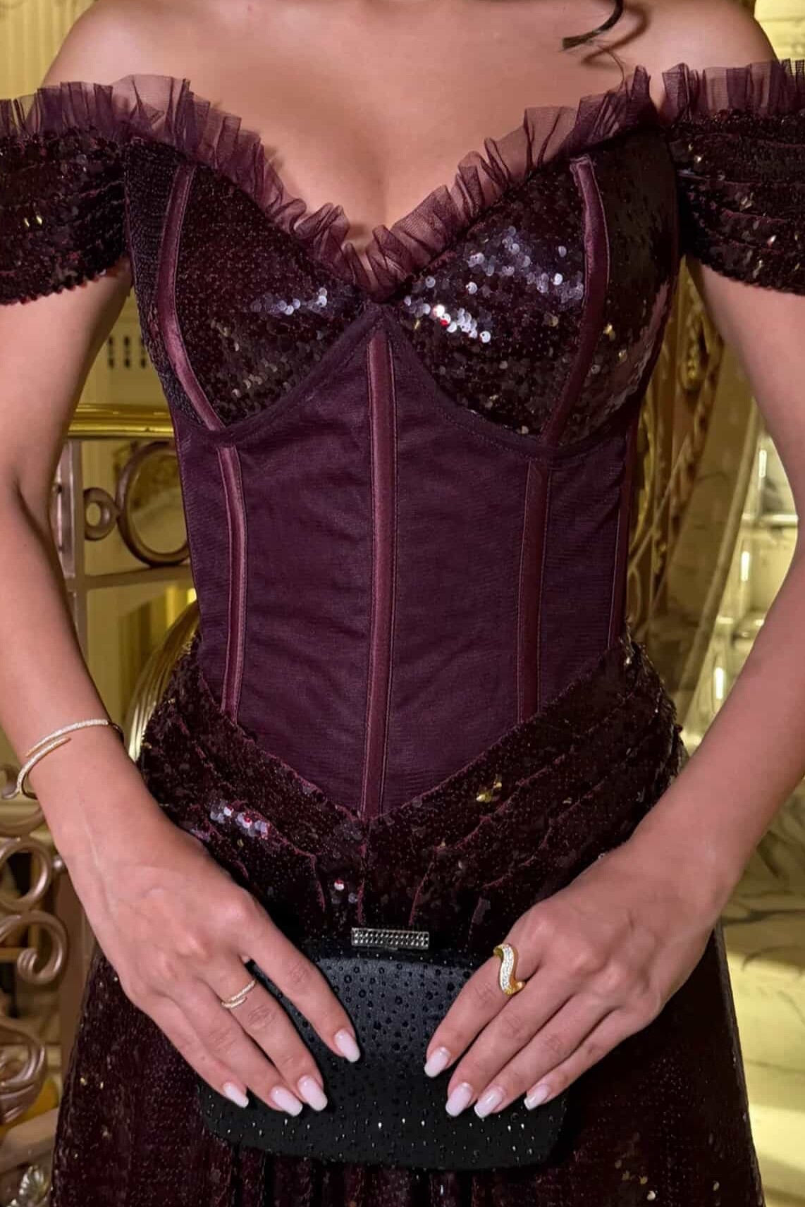 Off-the-Shoulder Sequin Corset Evening Gown