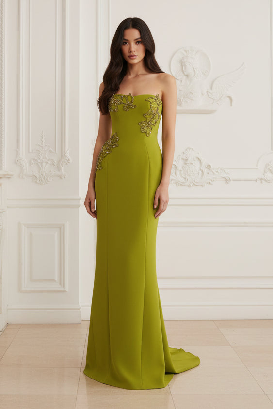 Strapless Crepe Mermaid Gown with Beaded Appliques