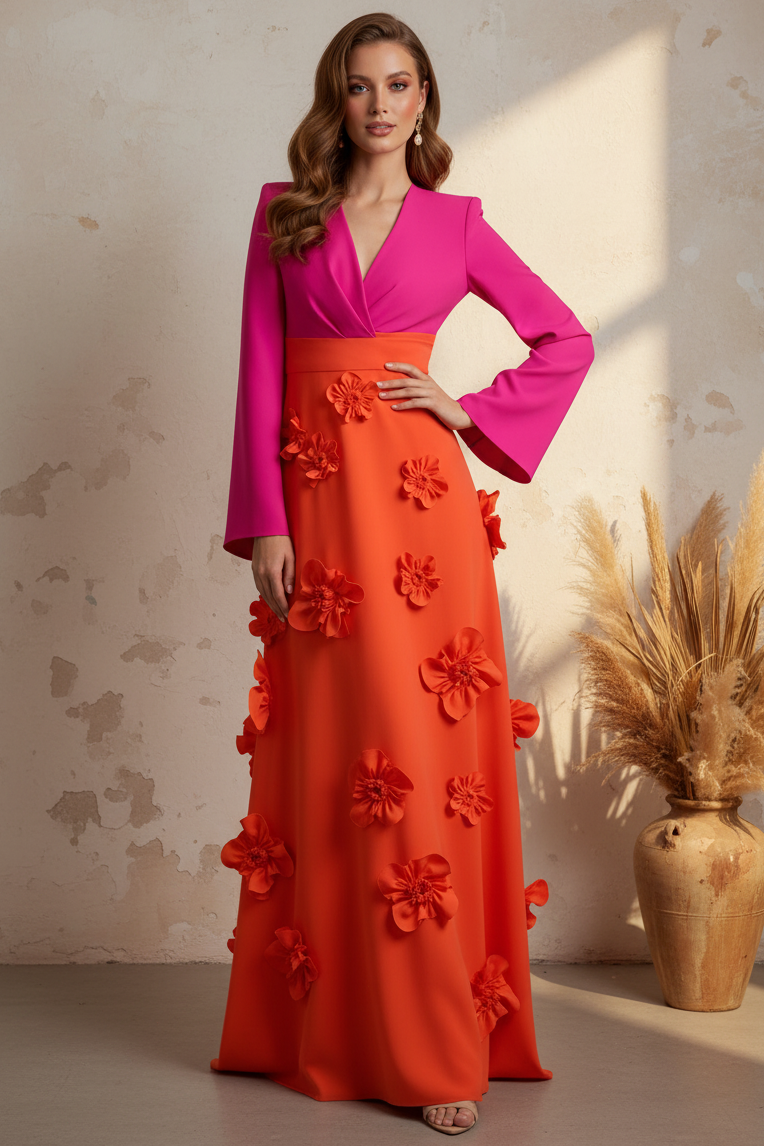 Two-Tone V-Neck Long Sleeve A-Line Gown with 3D Flowers