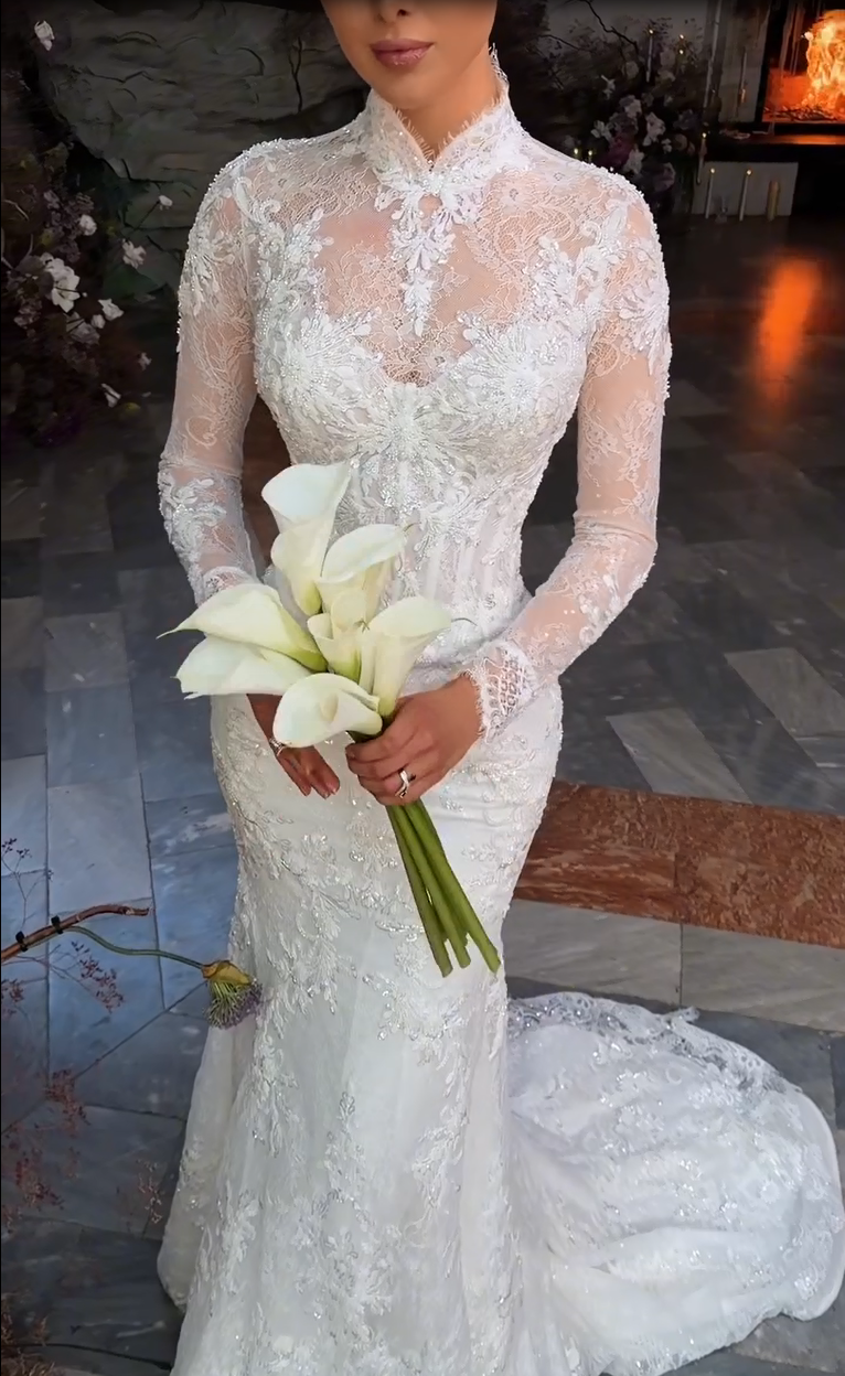Long Sleeve High Neck Lace Mermaid Wedding Dress