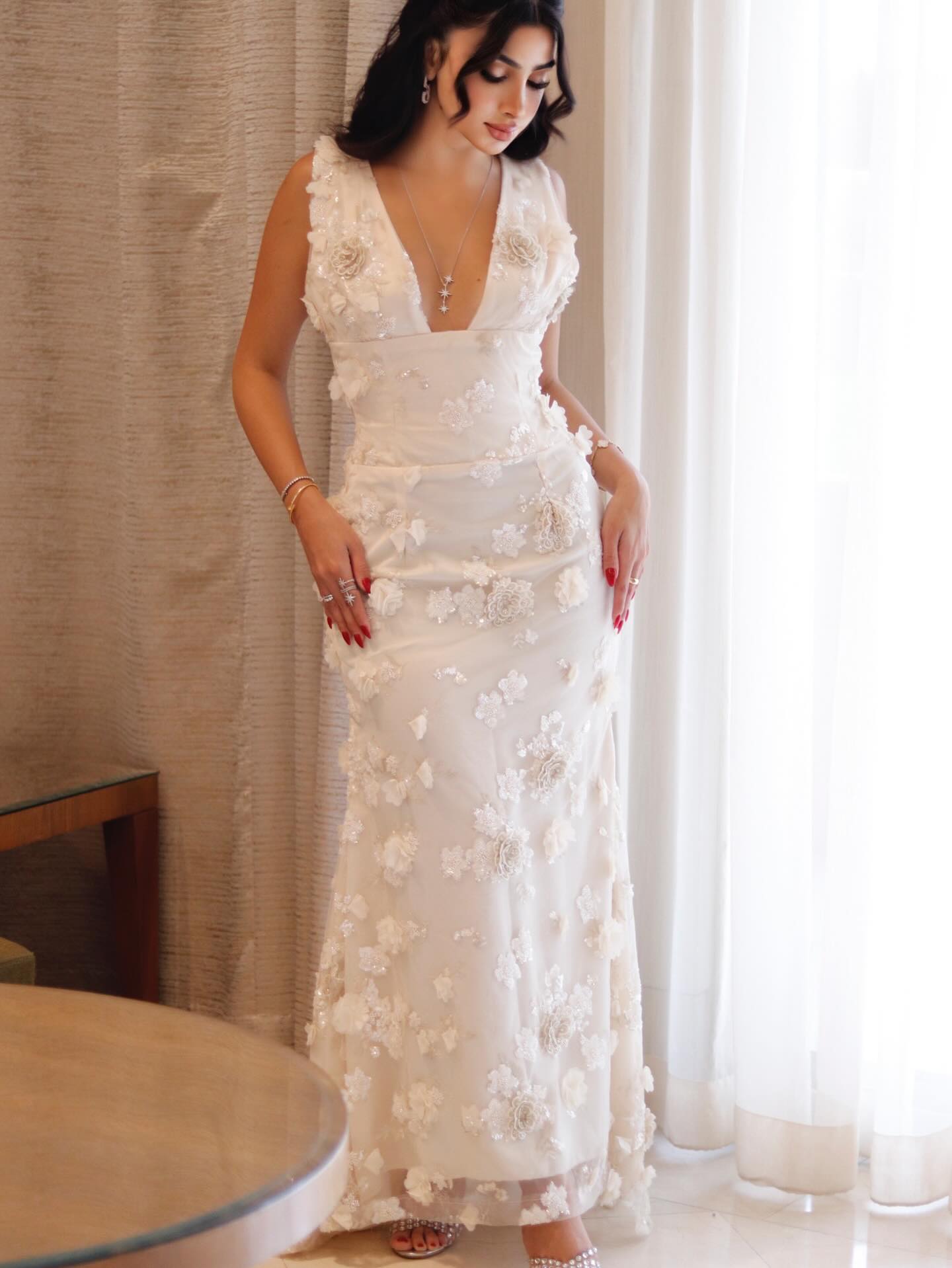 3D Floral Applique Lace-Up Formal Gown
