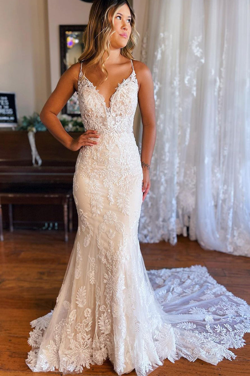 Boho Lace Mermaid Wedding Dress with Open Back