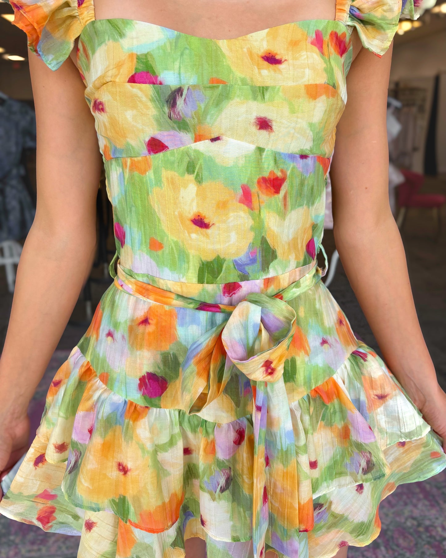 Floral Tiered Mini Dress with Flutter Sleeves