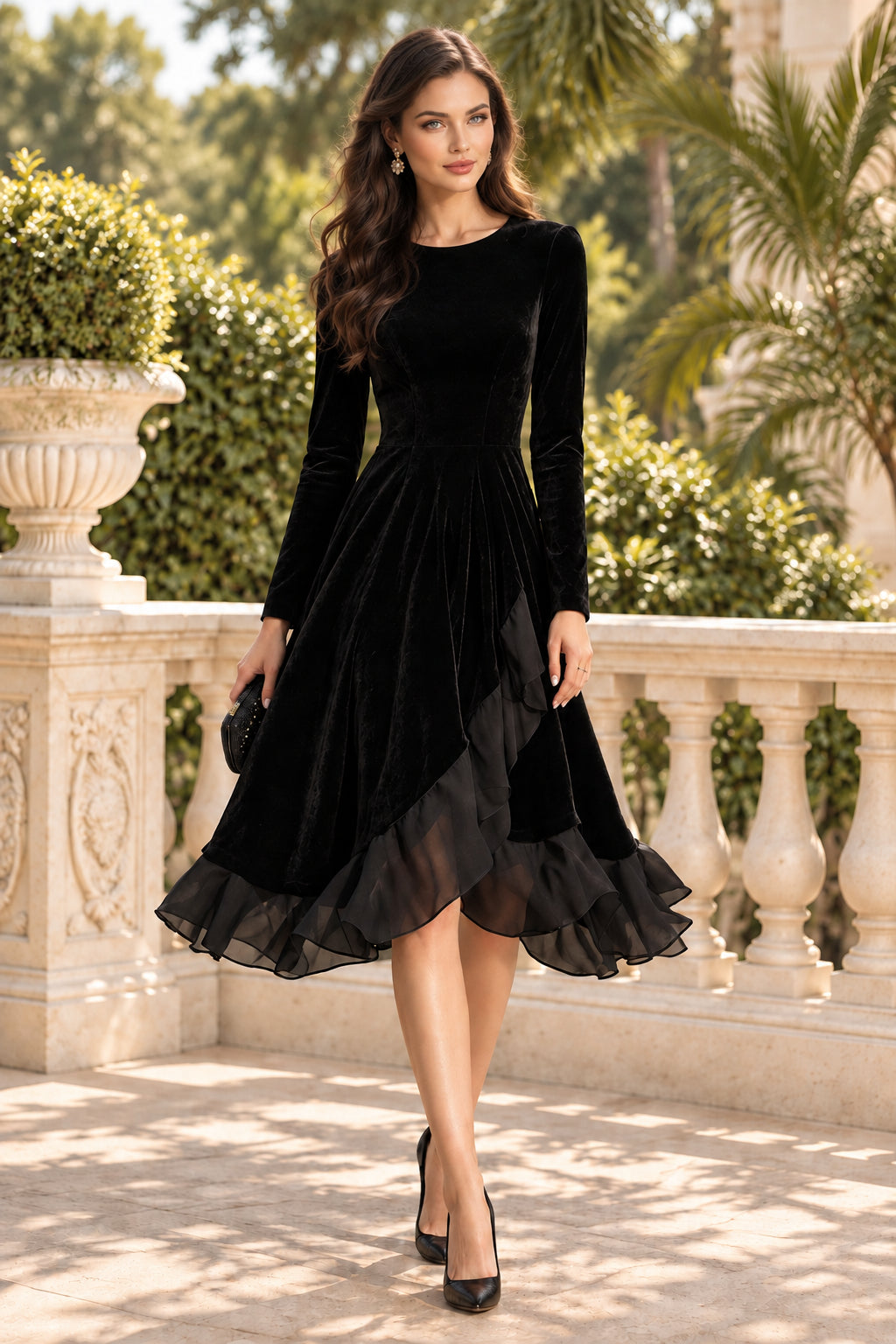 Velvet Long Sleeve Midi Dress with Ruffle Hem