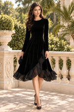 Velvet Long Sleeve Midi Dress with Ruffle Hem