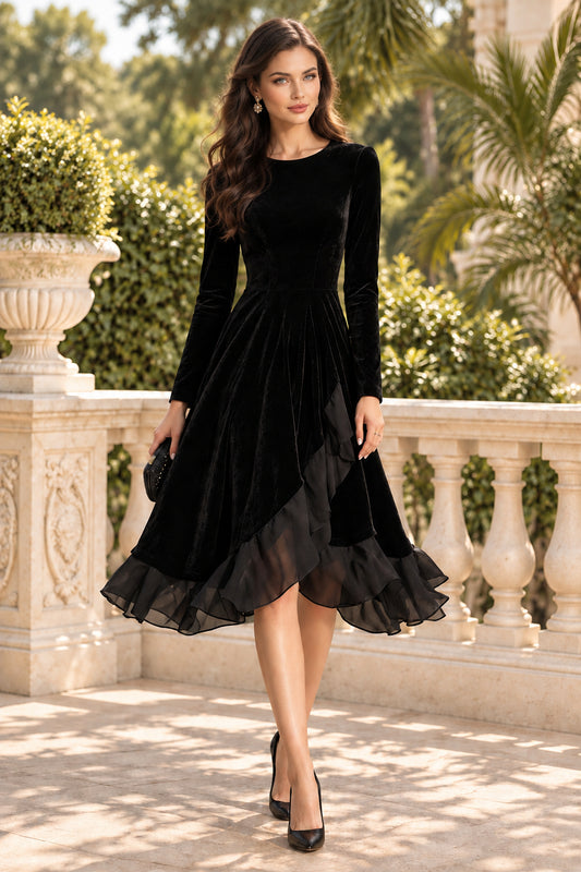 Velvet Long Sleeve Midi Dress with Ruffle Hem